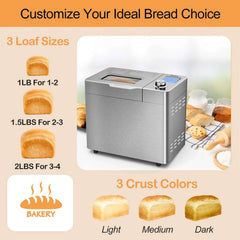 Bluebow 25-in-1 Bread Maker, 2LB Bread Machine with Auto Fruit/Nut Dispenser, Gluten-Free Setting, Keep Warm&13H Delay Timer, Stainless Steel - USA MEGA SHOP