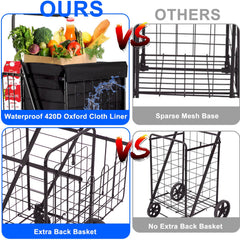 Folding Shopping Cart, Utility Trolley with Removable Basket and Swivel Wheels, Black