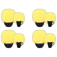 Square 16pc Dinnerware Set, Inside Shiny Yellow + Outside Matte Black