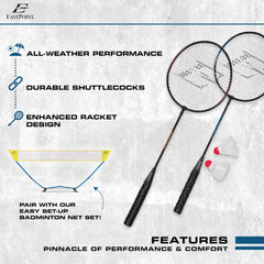 EastPoint Sports 2 Player Badminton Racket Set; 2 Rackets with Steel Shafts, 2 Shuttlecock Birdies