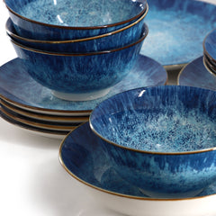 Elama Oceanus 16 Piece Porcelain Double Bowl Dinnerware Set in Blue, Tableware Setting Service for 4