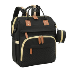 Black backpack with beige accents on a white background