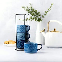Thyme & Table 11.1 fl oz Blue Flowers and Blue Shapes Stoneware Stacking Mugs with Wire Rack, Set of 4