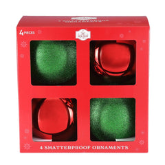 4-Count Red and Green Shatterproof Multi-Textured Christmas Ornaments, 5.9 in, by Holiday Time - USA MEGA SHOP