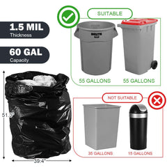 55 Gallon Trash Bags, Heavy Duty Outdoor Garbage Bags (60 Count) for Waste, Lawn and Leaf ,1.5 Mil
