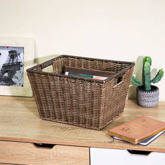 Better Homes & Gardens Large Poly Rattan Decorative Storage Basket with Handles, 14 in x 11 in x 8.5 in