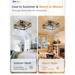 Zardon 16" Low Profile Caged Ceiling Fan with Light & Remote Control, Modern Brown Wood Finish, 6-Speed Quiet DC Motor for Indoor Spaces - USA MEGA SHOP