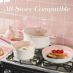 Carote 14-Piece Pots and Pans Set, Ceramic Nonstick Cookware Set with Steamer,Induction Compatible, Pink