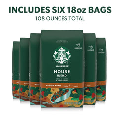 (6 pack) Starbucks House Blend, Ground Coffee, Medium Roast Hot or Iced Coffee, 18 oz