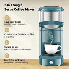 MINI Single Serve Coffee Maker,Instant Coffee Maker One Cup for K Cup & Ground Coffee,Portable Capsule Coffee Machine with 6 to 14oz Reservoir,90 Seconds Fast Brewing and One Button Operation - USA MEGA SHOP