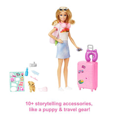 Barbie Doll and Accessories, 'Malibu' Travel Set with Puppy & Working Suitcase, 10+ Pieces - USA MEGA SHOP