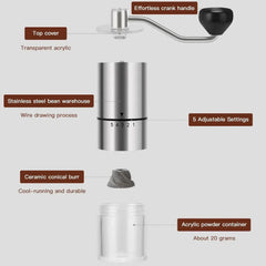 Portable Manual Coffee Grinder - Conical Burr with 5 Adjustable Settings for Smooth Grinding, Perfect for Espresso Enthusiasts at Home, Office, or Camping - USA MEGA SHOP