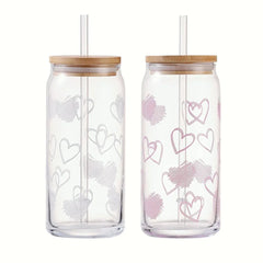 Mainstays Glass 20 oz Can Sipper Pink and White Heart, 2 Pack