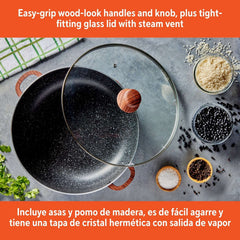 IMUSA 6.9qt Black Stone Aluminum Speckled Nonstick Caldero with Glass Lid & Wood Look Handles, Black