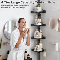 shuang qing 360° Corner Shower Caddy Tension Pole Organizer - 4-Tier Adjustable Rustproof Metal Pole, Plastic Shelves with Safety Guardrail, Bathroom Storage for Shower & Bathtub