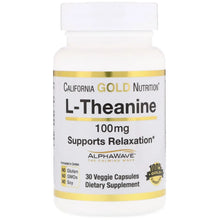 L-Theanine supplement bottle with gold-trim label, 100 mg veggie capsules