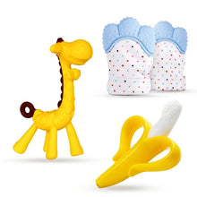Blue giraffe teether and two blue mittens with multicolor dot padding
