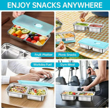 Stainless steel snack containers with teal lids holding fruit and snacks for lunch on the go