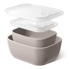 Taupe stoneware bake-and-store set containers with clear vented lids, 4-piece