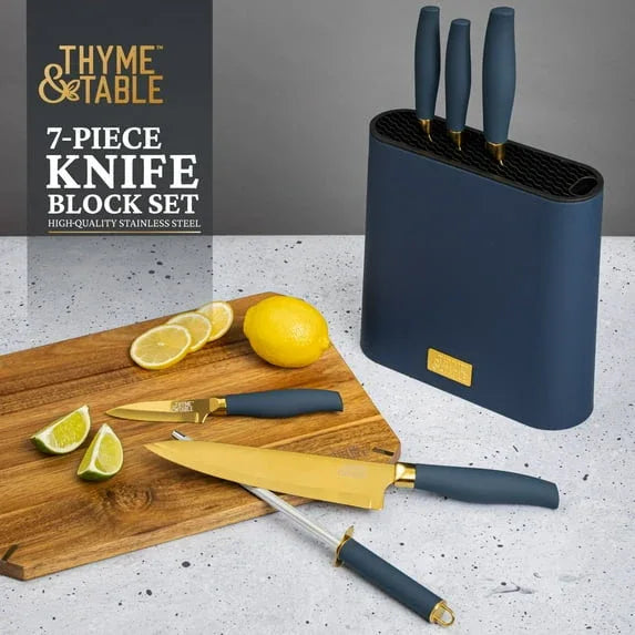 Thyme & Table 7-Piece Slim Block Knife Set with Gold Blades and Blue Block