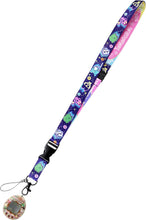 Purple character lanyard with black clips and round keychain charm