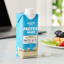 Vanilla protein shake carton, front label with nutrition panel