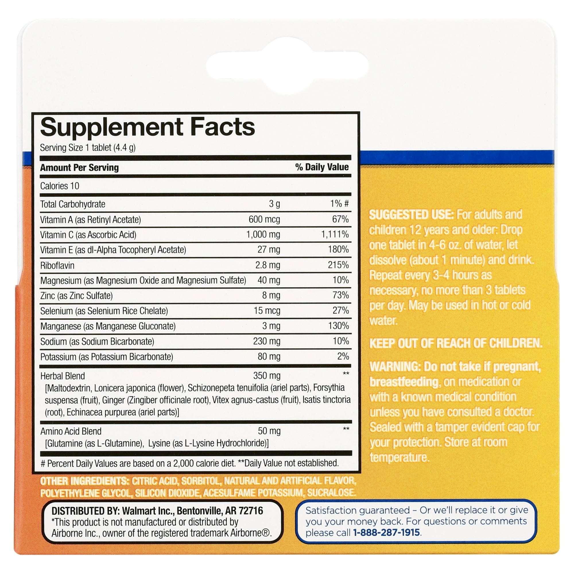 Equate Immune Support Dietary Supplement Effervescent Tablets, Orange Flavor, 10 Count, Compare to Airborne® Ingredients
