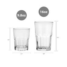Clear tumbler pair with 9.8 oz and 16 oz capacities, thick round bases