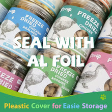 Foil-sealed freeze-dried treat jars stacked, showing chicken liver and other recipe labels