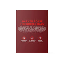 Dark roast coffee pods box back panel reading “Darker Roast For Bolder Days”