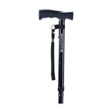 Black folding cane with T handle, wrist strap, and extended anti-slip base