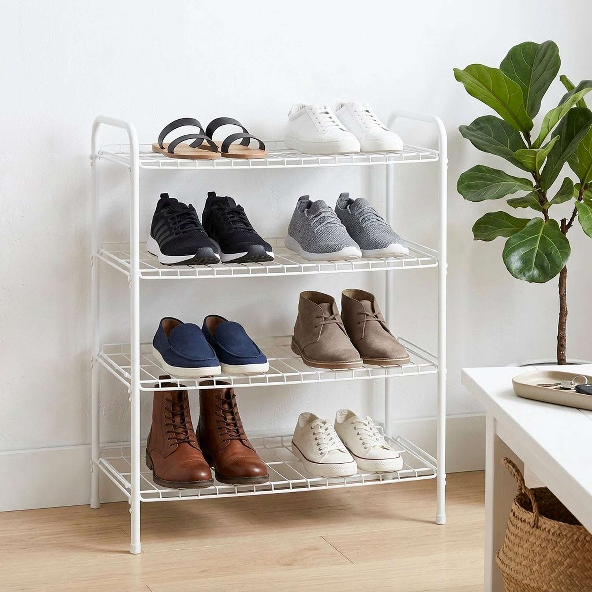 Mainstays Steel Wire Shoe Organizer, 4-Tiers, 12 Shoe Pair Capacity, Durable Shoe Rack, White