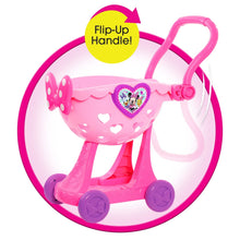 Pink flip-up handle shopping cart toy with heart-shaped Minnie-style emblem