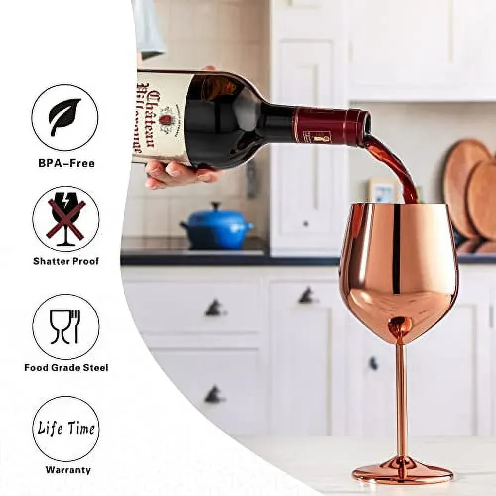 WOTOR Rose Gold Wine Glasses Set of 4, 18oz Copper Wine Glasses, Stainless Steel Wine Glasses, Unbreakable & Portable Stemmed Metal Wine Glass for Outdoor, Travel, Camping, Ideal Wine Accessories Gift - USA MEGA SHOP