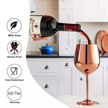Rose gold metal stemmed wine glass with wide bowl and stable base