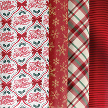 Christmas tissue paper designs include holiday greetings, gold snowflakes, plaid and stripes