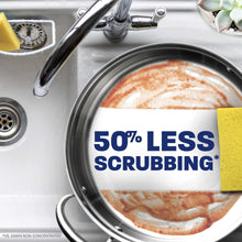 Dishwashing liquid 50% less scrubbing label on sponge over a dirty pan