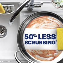Dishwashing pan with soapy foam and 50% less scrubbing callout