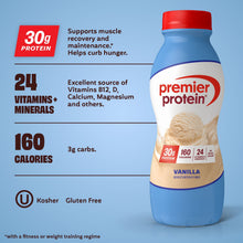 Vanilla protein shake bottle with nutrition panel, blue label and red cap