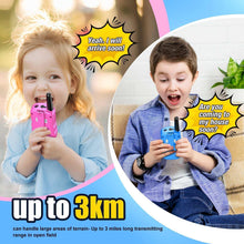 Kids two-way radios in pink and blue, each with antenna and front LCD screen