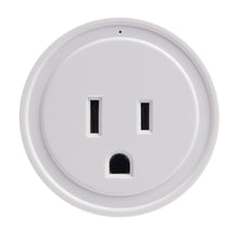 Smart Wi-Fi outlet plug front view, white round face with two top slots and bottom slot