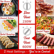 Black electric hot pot cooker with dual heat setting icons