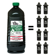 Mosquito repellent torch fuel bottle with green cap and six smaller bottles