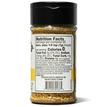 Buttery steakhouse seasoning bottle with back Nutrition Facts label and black cap