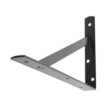 Black triangular shelf bracket with long arm, end tabs, and mounting holes.