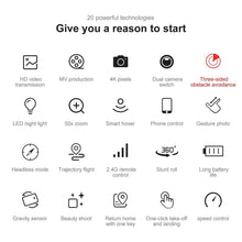 Drone feature icon list for HD video, dual camera switch, and control modes