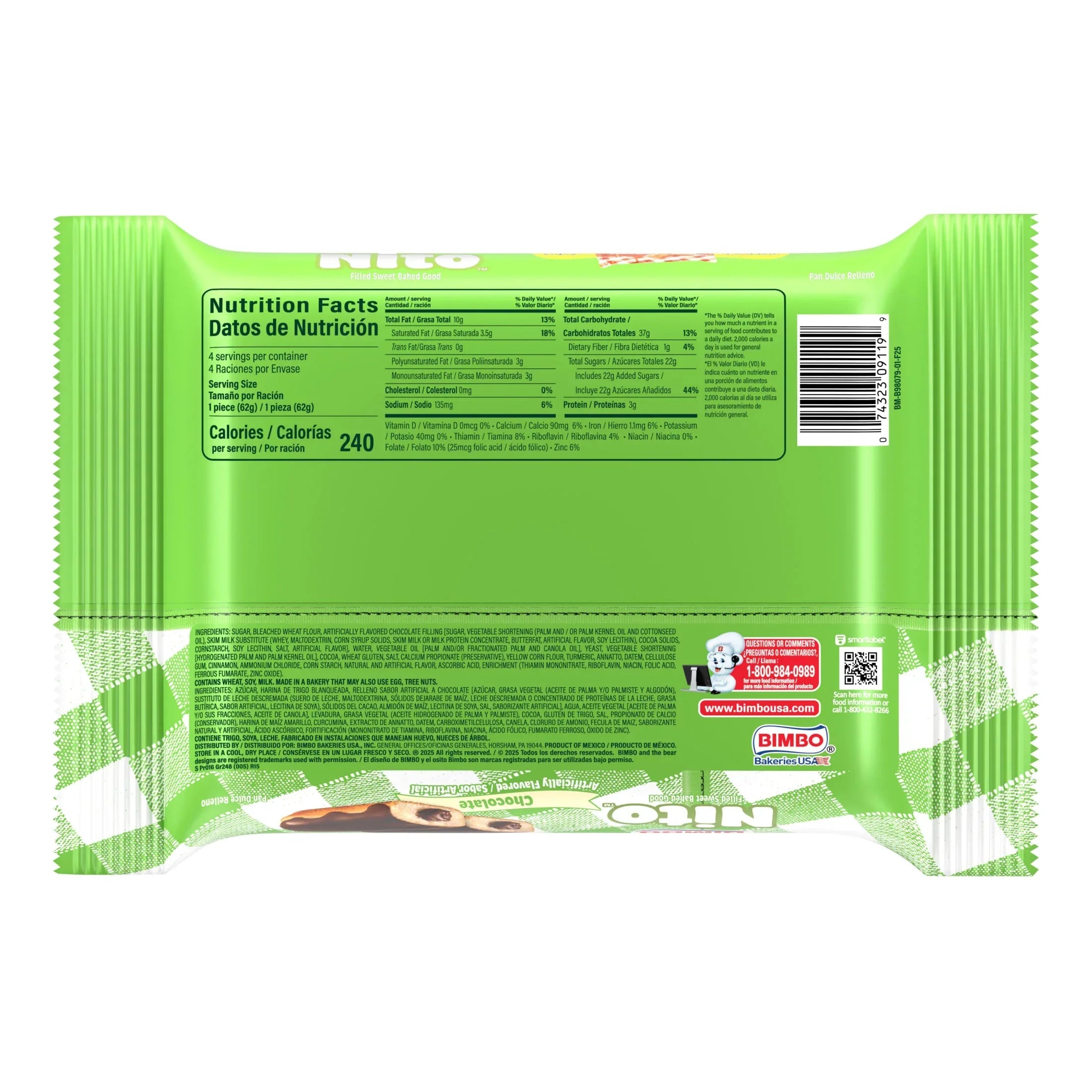 Bimbo Nito Chocolate Crème Filled Sweet Baked Good, 4 packs, Eclairs, 8.76 oz Multipack