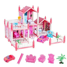 Pink 5-room princess dollhouse playset with open rooms, fence, dolls and toy car