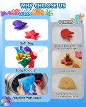 Cloth fishing game set infographic showing soft felt fish toys and machine-washable care icons