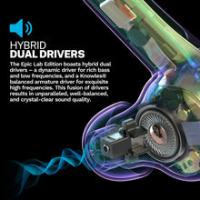 True wireless earbud with earhook, shown in a sound driver graphic